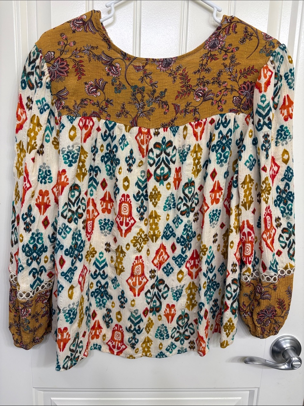 Farmers Market Boho Ikat-Print Top in Cream, Mustard & Teal - Picture 11 of 11